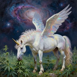 an iridescent unicorn with translucent wings eating in a field of marijuana, nebulas is in the sky, oil painting by boris vallejo, concept art, highly detailed, high quality, 8 k,