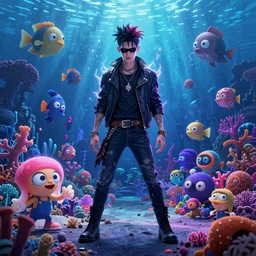 psychic punk rocker vampiric electrifying rockstar background designs of vibrant underwater locations filled with fish and coral by genndy tartakovsky and splatoon by nintendo and the psychonauts franchise by doublefine tim shafer artists for the new hotel transylvania film