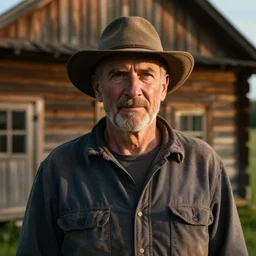 a cinematic headshot portrait of a farmer, stood outside a wooden cabin, ultra realistic, dramatic lighting, by mike campau