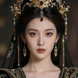 realistic portrait of a queen, dark, gold and silver ornaments, facing camera, photo realistic, detailed, 1 4 5 0, delicate, hyper realism, ultra realistic, matte painting, 8 k