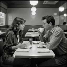a man and a girl seated face to face, having coffe in an empty diner, storyboard panel by syd mead, medium shot, frontal view, grayscale pantone