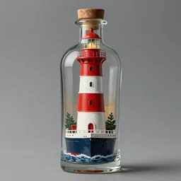 imagine a ship in a bottle but instead of a ship there is a red and white lighthouse inside the bottle, very fancy whiskey bottle, masterpiece painting by greg rutkowski and jakub rebelka