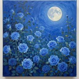 a beautiful painting of the blue roses garden and the moon, greg rutkowski style, trending on artstation