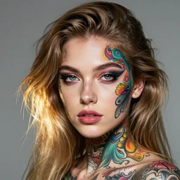 girl face with colourful tattoo, volume light, by bastien lecouffe deharme
