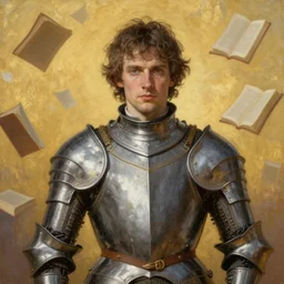 breathtaking soft painting of arthur rimbaud with an intricate knight armor in a golden sky, books flying around, realistic symmetrical face features, rembrandt style, elegant, highly detailed, artstation, concept art, matte, sharp focus, art by tom bagshaw, and greg rutkowski