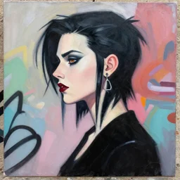 greg manchess portrait painting of kat dennings as cybergoth character, black hair, medium shot, asymmetrical, profile picture, organic painting, sunny day, matte painting, bold shapes, hard edges, street art, trending on artstation, by huang guangjian, gil elvgren, ruan jia, greg rutkowski, gaston bussiere