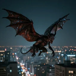 a winged demon flying over a city at night hyperrealistic and unbelievably creepy