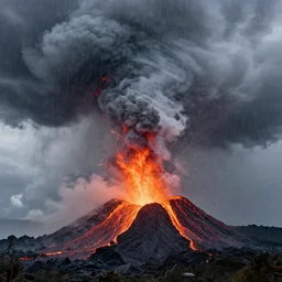 huge storm and rain on an erupting volcano, cyclone, lots of rain, wind, lava, hyper realistic picture, hd