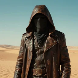 raider wearing a leather duster in the middle of a desert, face covered by a hood, Mad Max, stunning portrait headshot, award-winning scifi digital art