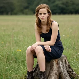 half portrait of emma watson sitting on a tree stump in a field, by leonid afremov