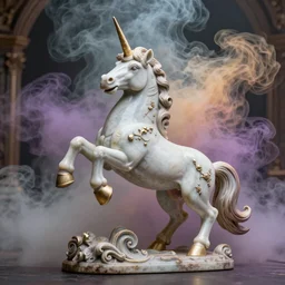 a statue of a ramping unicorn sourrounded by a colorful smoke, victorian baroque, hyperrealistic, detailed, depth of field, High definition, 8k, depth of field, octane render, artstation