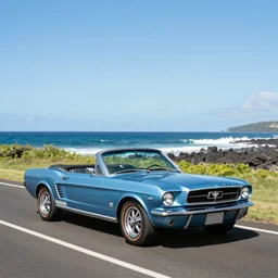 an acadian blue, 1 9 6 5 convertible mustang, driving on the coast of west maui. award winning photo, 4 k.