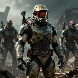 master chief: destroyed and surrounded by zombies, hyper realistic,