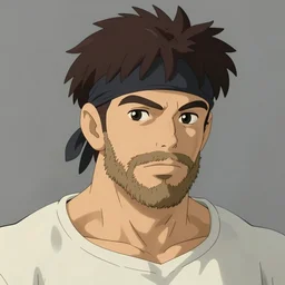 musculated athlete, his has a light beard, he wears a black band in his hairs and a white shirt, art by studio ghibli and j. c. leyendecker and greg rutkowski and artgerm and ilya kuvshinov, portrait, d & d, fantasy, highly detailed, digital painting, headshot, trending on artstation, concept art, sharp focus, illustration