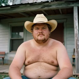 close up portrait of fat redneck man sitting on front porch of dilapidated house, kodak gold 2 0 0,