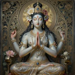 breathtaking detailed concept art painting art deco pattern a beautiful devi goddess with shinny skin on sitted on an intricate metal throne, hands pressed together in bow, light - flowers with kind piercing eyes and blend of flowers and pearls, by hsiao - ron cheng and john james audubon, bizarre compositions, exquisite detail, extremely moody lighting, 8 k h 1 0 2 4
