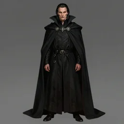 mads mikkelsen as a vampire, male, late - 4 0 s aged, shoulder length, slicked black hair, red eyes, clean shaven, wearing a cape, regal, royal, grim facial expression, high medieval fantasy, full color digital art, cinematic shot, full body shot.