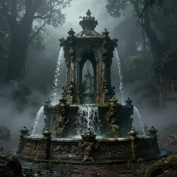 magical mystical ancient fountain, gloomy and foggy atmosphere, octane render, rembrandt, cgsociety, artstation trending, horror scene, highly detailded
