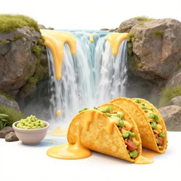 a waterfall made out of nacho cheese, tacos and guacamole, trending on artstation, CGSociety