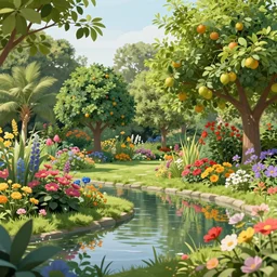 matte painting of a serene landscape of a garden filled with vivid colorful flowers and lush fruit trees, water lily and narcissus above pond melted into starry summer by nicolas party trending on artstation, 8 k resolution, aerial photography