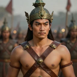 close - up photo of a beautiful khmer warrior prince in a battle scene, detailed eyes, without beard and mustache, historical hero, ethnic group, tai costume, tai traditional bronze headdress, intricate, with leather armor cross on bare chest, elegant, loin cloth, highly detailed, oil painting, artstation, concept art, matte, sharp focus, illustration, hearthstone, art by earl norem, shallow depth of field, photorealistic, cinematic lighting, lovely bokeh, warm colours, dusk