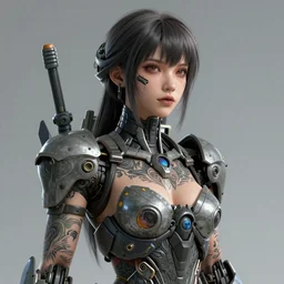 portrait of a mecha girl with human tattoos, intricate, octane render, ultrafine detailed, character design, trending on artstation