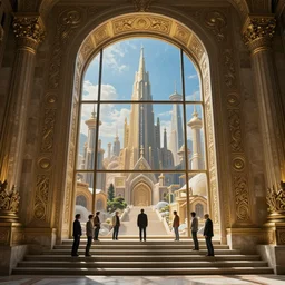 carved futuristic gateway at the end of ancient ornate steps shows a large wide window to a city which details the vast architectural scientific ancient and cultural acheivements of humankind, magical atmosphere, renato muccillo, jorge jacinto, andreas rocha, damian kryzwonos, ede laszlo, christian reiske, highly detailed digital art, cinematic blue and gold