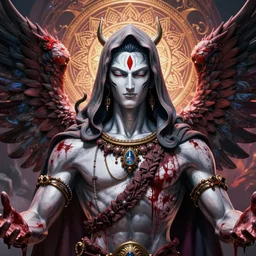 4 k headshot of godlike hooded shiva with defined arms and open hands and bloody clothes with giant mandala wings, intricate face, flawless anime cel animation by kentaro miura, psychedelic, highly detailed upper body, professionally post - processed, beautiful, scary, symmetry accurate features, epic, octane rendered, anime masterpiece, accurate
