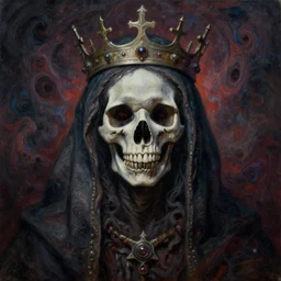 a painting of a creepy ominous religious figure with a crown on its head, ultrafine detailed oil painting, portrait, skull, neo - expressionism, concept art, fractalism, cosmic horror, digital art, trending on artstation