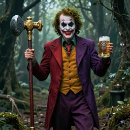 robert de niro as medieval joker, crazy colorful clothing with a heavy golden mace in his left hand and a beer jug in his right hand, full body portrait with high detailled face, symmetrical face, intricate details, wandering through a forbidden forest, trending on artstation, 8k hyperrealistic, style of peter mohrbacher, octane render, unreal engine