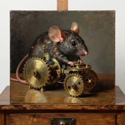 a clockwork mouse on a wooden table, oil painting by caravaggio, renaissance art, oil on canvas, wet - on - wet technique, realistic, expressive emotions, intricate textures, illusionistic detail