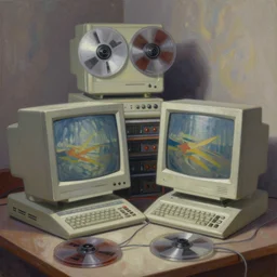 oil paint on canvas, art deco style, 1950s computers with tape drives rewinding