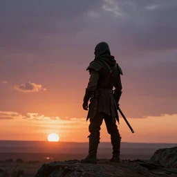 a lone tusken raider watching the sunset, by Angus McKie, luminous lighting, cinematic