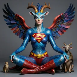 a portrait photograph of a meditating fierce sadie sink as a colorful harpy antilope super hero with blue skin with scales. she is being transformed into a alien amphibian animal. by donato giancola, hans holbein, walton ford, gaston bussiere, peter mohrbacher and brian froud. 8 k, cgsociety, fashion editorial