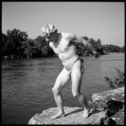 achilles returns to the river styx, overexposed pinhole photography, extreme contrast and sharpness, gritty and noisy