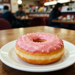 a donut, pink frosting, on a plate in a busy diner, cinestill 800