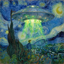 bright beautiful oil painting of flying saucer abducting paul gauguin from arles france with a glowing green light, light scatter, van gogh