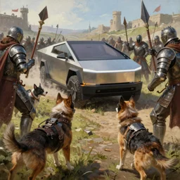 painting of a epic battle between dogs and cat with iron armor and ancient weapons, tesla cybertruck in the middle of the frame, medieval setting, artstation, natural lighting, highly detailed, illustration