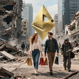 ultra high detail modern city destroyed by war in ruins with luxury couple walking around with shopping bags laughing at homeless person, color photograph very high detail, ethereum bitcoin cryptocurrency