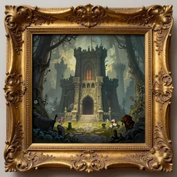 illustration a intrincate engraved wood frame absurdly ornated gold facing view fantasy and hearthstone style, dungeon & dragons