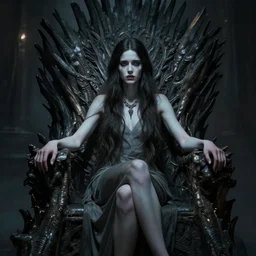 masterpiece concept art of a beautiful brunette woman with pale skin and a necklace on her neck seated on an intricate shadow throne, a beautiful highly detailed fae lady, extremly emotional, cinematic moody colors, realistic shaded lighting poster by ilya kuvshinov, magali villeneuve, artgerm, jeremy lipkin and michael garmash and rob rey