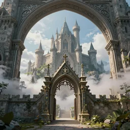 a magical portal to a cloudy place inside a giant medieval fortress in the mountains, ultra wide shot, lush colors, in the style of greg rutkowski and hans zatzka, digital art, sharp focus, highly realistic, exquisite ornate metal gothic icon heavy patina, delicate, enchanting, otherworldly, ethereal, mythology, mystical