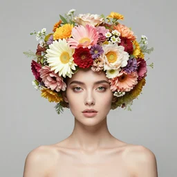 beautiful woman with a head made from a bouquet of flowers, moebius