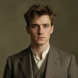 portrait painting ofa young man of 3 0, with short, messy brown hair, poorly shaven, wearing a plain suit, short hair, journalistic, looked gaunt, handsome, confident, full unreal render cinematic lighting art 1 9 2 0 period drama by bussiere rutkowski andreas rocha
