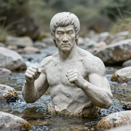 A rock sculpture of Bruce Lee hidden in the middle of a mountain stream