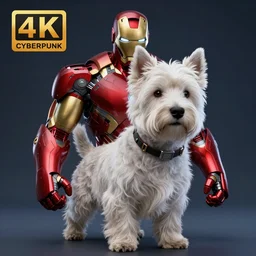 “a strong, and muscular anthropomorphic west-highland-white-terrier iron man, UHD, hyperrealistic render, 4k, cyberpunk”