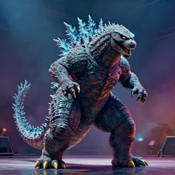 beautiful lifelike painting of godzilla breakdancing at a rap concert, hyperreal detailed facial features and uv lighting, art by ed roth and basil wolverton