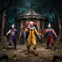 kids playing in a old creepy circus, with scary clowns