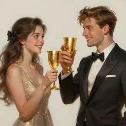 a couple cheering with golden cups. intricate, elegant, highly detailed, digital painting, artstation, concept art, sharp focus, illustration, by justin gerard and artgerm, 8 k