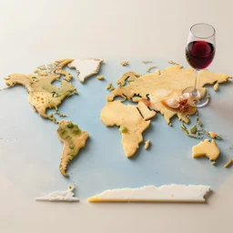 a map of the world made out of cheese and wine